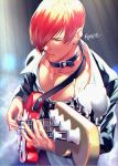  1boy bass_guitar choker closed_eyes instrument male_focus one_eye_covered plectrum red_hair sokytk2 the_king_of_fighters yagami_iori 