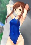  1girl armpits ass_visible_through_thighs blue_swimsuit breasts brown_eyes brown_hair commentary_request competition_swimsuit condensation_trail covered_navel cowboy_shot highleg highleg_swimsuit holding holding_hair idolmaster idolmaster_cinderella_girls long_hair looking_at_viewer mizumoto_yukari mouth_hold one-piece_swimsuit outdoors ponytail small_breasts solo standing swimsuit tonneru_keiji 
