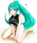  1girl anklet bangs bare_arms bare_legs bare_shoulders breasts earrings green_eyes green_hair hair_ornament heart jewelry kneeling large_breasts long_hair looking_at_viewer mizss one-piece_swimsuit pink_heart pneuma_(xenoblade_2) ponytail smile solo swept_bangs swimsuit tiara very_long_hair white_background white_footwear xenoblade_(series) xenoblade_2 