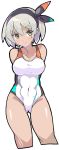  1girl absurdres arms_behind_back ass_visible_through_thighs bangs bare_shoulders black_hairband breasts closed_mouth collarbone competition_swimsuit cropped_legs dark_skin enpe eyebrows_visible_through_hair groin gym_leader hair_between_eyes hairband highres medium_breasts navel one-piece_swimsuit pokemon pokemon_(game) pokemon_swsh saitou_(pokemon) short_hair silver_hair simple_background smile solo swimsuit white_background yellow_eyes 