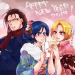  1boy 2girls black_hair blonde_hair blue_hair flower hair_flower hair_ornament hyk8686 japanese_clothes kimono kisaragi_eiji long_hair malin multiple_girls new_year ryuuko_no_ken scarf short_hair the_king_of_fighters toudou_kasumi 