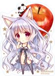  1girl :&lt; animal_ears apple artist_name babydoll bare_arms blush cat_ears cat_girl cat_tail commentary_request eyebrows_visible_through_hair food fruit hair_between_eyes hand_on_own_cheek long_hair looking_at_viewer navel no_panties original panda red_eyes ryuuga_shou silver_hair simple_background solo star_(symbol) striped striped_legwear tail thighhighs very_long_hair white_babydoll white_background 