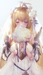  1girl ahoge armor bare_shoulders blonde_hair blue_eyes blush bouquet breasts bridal_veil detached_sleeves dress flower granblue_fantasy hair_between_eyes hair_flower hair_ornament hands_together jeanne_d&#039;arc_(granblue_fantasy) large_breasts long_hair long_sleeves nido_celisius solo veil white_dress white_flower 