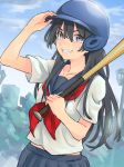  1girl bangs baseball_bat baseball_helmet black_hair blue_eyes blue_headwear blue_sailor_collar blue_skirt breasts cloud collarbone commentary cowboy_shot foliage furrowed_eyebrows grin hair_between_eyes hand_on_headwear helmet highres holding_baseball_bat irenji lamppost long_hair looking_at_viewer midriff_peek neckerchief outdoors pleated_skirt red_neckwear sailor_collar sakugawa_school_uniform saten_ruiko school_uniform serafuku shirt skirt sky small_breasts smile solo sport sweatdrop to_aru_kagaku_no_railgun to_aru_majutsu_no_index white_shirt 