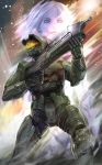  1boy 1girl assault_rifle blue_eyes blue_hair blue_skin bullpup cortana gun halo_(game) holding holding_gun holding_weapon looking_to_the_side looking_up ma5 master_chief moreshan power_armor rifle spartan_(halo) weapon 
