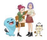  1boy 1girl blush boots crossdressing gen_1_pokemon gen_2_pokemon highres kiana_mai kojirou_(pokemon) meowth musashi_(pokemon) pokemon pokemon_(anime) shoes wobbuffet 