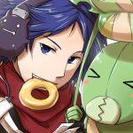  &gt;_&lt; 1boy armor assassin_cross_(ragnarok_online) bangs black_shirt blue_eyes blue_hair bug closed_eyes commentary_request deviruchi doughnut food food_in_mouth grasshopper headphones looking_at_viewer natsuya_(kuttuki) oversized_insect pauldrons ragnarok_online red_scarf rocker_(ragnarok_online) scarf shirt short_hair shoulder_armor simple_background upper_body vambraces white_background 