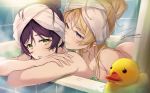  2girls aqua_eyes ayase_eli bangs bare_shoulders bath bathing bathtub blonde_hair blue_eyes blush breasts cleavage commentary_request crossed_arms green_eyes hair_between_eyes hair_bun hair_up highres large_breasts long_hair looking_at_another love_live! love_live!_school_idol_project multiple_girls nude parted_bangs parted_lips partially_submerged purple_hair rubber_duck swept_bangs tile_wall tiles toujou_nozomi towel towel_on_head water wet white_towel zawawa_(satoukibi1108) 