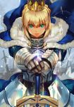  1girl armor armored_dress artoria_pendragon_(all) blonde_hair blue_cloak blue_dress blue_ribbon cloak commentary crown dress english_commentary facing_viewer fate/stay_night fate_(series) faulds field_of_blades fur-trimmed_cloak fur_trim gauntlets green_eyes hair_ribbon hankuri highres lens_flare looking_at_viewer planted_sword planted_weapon ribbon saber solo sword weapon 