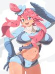  1girl :d blue_eyes blue_gloves breasts breasts_apart eyebrows_visible_through_hair fuuro_(pokemon) gloves hair_between_eyes hair_ornament hand_on_hip hand_up highres large_breasts navel open_mouth pokemon pokemon_(game) pokemon_bw red_hair salute smile solo tenako_(mugu77) upper_teeth 