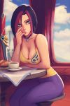  1girl absurdres baguette bare_shoulders black_hair bread breasts carlos_eduardo choker cleavage coffee commentary emblem finger_in_mouth fiora_laurent food green_eyes highres jewelry league_of_legends lips looking_at_viewer medium_breasts multicolored_hair necklace pink_hair sitting solo stool sword thighs two-tone_hair weapon 