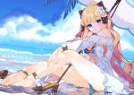  1girl bare_shoulders bikini blonde_hair blue_eyes blue_sky cloud flower hair_flower hair_ornament mizopost o-ring o-ring_bikini o-ring_top ocean open_clothes ponytail princess_connect! princess_connect!_re:dive sandals sandals_removed saren_(princess_connect!) see-through sitting sky smile swimsuit umbrella 