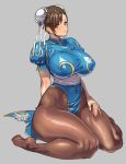  1girl amamiya_(abaros) arm_behind_back blue_dress bracelet breasts brown_eyes brown_hair brown_legwear bun_cover china_dress chinese_clothes chun-li commentary_request covered_nipples curvy double_bun dress grey_background hand_on_own_thigh jewelry large_breasts pantyhose parted_lips pelvic_curtain puffy_short_sleeves puffy_sleeves sash short_sleeves sitting spiked_bracelet spikes street_fighter thick_thighs thighs wariza 