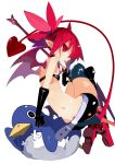  1girl absurdres black_legwear demon_girl demon_tail demon_wings disgaea etna from_behind highres holding holding_spear holding_weapon looking_at_viewer makai_senki_disgaea miyakawa106 pointy_ears polearm prinny red_eyes red_hair slit_pupils solo spear tail thighhighs tongue tongue_out twintails weapon wings 