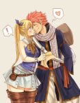  ! 1boy 1girl axel_jovanni bare_shoulders blonde_hair blush boots bow bowtie breasts closed_eyes cowboy_shot fairy_tail grey_background hair_bow heart holding holding_paper long_hair lucy_heartfilia medium_breasts natsu_dragneel pants paper pink_hair ponytail pouch scarf simple_background skirt sleeveless smile speech_bubble spoken_heart surprised thigh_boots thighhighs zettai_ryouiki 