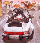  3boys :d :p absurdres bald bear black_eyes black_hair blurry blurry_background bush car commentary convertible dinosaur dragon_ball dragon_ball_(classic) driving expressionless facial_hair facing_away finger_in_mouth floating_hair fungus ground_vehicle happy highres kuririn license_plate looking_afar looking_at_viewer looking_back male_focus messy_hair mirror motion_blur motor_vehicle mountain multiple_boys mustache muten_roushi nature official_art open_mouth outdoors palm_tree porsche pterodactyl rear-view_mirror red-framed_eyewear road shadow smile son_gokuu speed_lines sunglasses tongue tongue_out toriyama_akira tree triceratops tyrannosaurus_rex wristband 