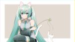  1girl :3 absurdres animal_ears aqua_eyes aqua_hair aqua_neckwear bare_shoulders beige_background black_legwear black_skirt black_sleeves cat cat_ears cat_tail cat_teaser commentary crossed_arms detached_sleeves grey_shirt hair_ornament hairband hatsune_miku headphones headset highres holding_toy long_hair looking_at_viewer masumofu necktie paw_up shirt skirt sleeveless sleeveless_shirt smile solo squatting tail thighhighs twintails very_long_hair vocaloid white_cat white_tail zettai_ryouiki 