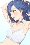  1girl arm_up armpits bangs bare_shoulders blue_hair bra collarbone eyebrows_visible_through_hair flat_chest gradient gradient_background green_eyes half_updo highres hiroki_(yyqw7151) idolmaster idolmaster_million_live! lace lace-trimmed_bra looking_to_the_side nanao_yuriko open_mouth polka_dot polka_dot_bra smile solo tying_hair underwear underwear_only upper_body 