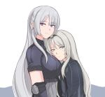  2girls ak-15_(girls_frontline) an-94_(girls_frontline) blush braid breast_pillow breasts commentary elbow_pads eyebrows_visible_through_hair girls_frontline green_eyes head_on_chest large_breasts long_hair looking_away multiple_girls platinum_blonde_hair purple_eyes selby silver_hair simple_background tsurime 