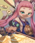  anthro blue_clothing breasts clothed clothing collarbone felid female flyer_(pixiv) hair hand_fan hi_res holding_object inner_ear_fluff looking_at_viewer mammal multi_tail pink_hair shogi solo tuft 