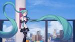  absurdly_long_hair absurdres against_pillar apartment aqua_eyes aqua_hair aqua_neckwear bare_shoulders black_legwear black_skirt black_sleeves blue_sky building cityscape cloud commentary detached_sleeves floating_hair grin hair_ornament hatsune_miku hatsune_miku_(vocaloid4) headphones highres holding_headphones long_hair looking_at_viewer making-of_available miniskirt necktie outdoors scenery shirt skirt sky skyscraper sleeveless sleeveless_shirt smile standing thighhighs turu twintails v4x very_long_hair vocaloid white_shirt zettai_ryouiki 