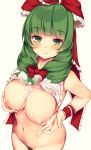  1girl bangs blunt_bangs blush bow breasts censored closed_mouth collarbone commentary_request cowboy_shot cum cum_on_body cum_on_breasts cum_on_upper_body eyebrows_visible_through_hair eyelashes frilled_ribbon frills front_ponytail green_eyes green_hair groin hair_bow hair_ribbon highres kagiyama_hina large_breasts long_hair looking_at_viewer maremay0513 mosaic_censoring navel nipples nude pubic_hair red_bow red_ribbon ribbon sidelocks solo standing stomach touhou wrist_ribbon 