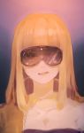 1girl bangs blonde_hair blunt_bangs breasts cleavage commentary cyber_diva glasses jacket light_smile long_hair looking_at_viewer mi_no_take one_eye_covered portrait solo tongue tongue_out vocaloid yellow_jacket 