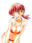 1girl :d akane_(pokemon) bangs bikini blush breasts cleavage collarbone commentary_request cowboy_shot eyebrows_visible_through_hair eyelashes hair_ornament hairclip looking_at_viewer navel open_mouth pokemon pokemon_(game) pokemon_hgss red_bikini red_eyes red_hair rowdon simple_background smile solo swimsuit teeth tongue twintails upper_teeth white_background 