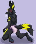  2016 anthro black_body black_fur blush breasts bri claws diaper eeveelution ennfet featureless_breasts female fur furgonomics hi_res kneeling mottled mottled_nose mottled_pawpads nintendo pawpads pok&eacute;mon pok&eacute;mon_(species) red_claws red_eyes side_boob solo tongue tongue_out umbreon video_games 