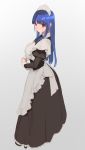 1girl apron bangs blue_hair blunt_bangs blush breasts closed_mouth eyebrows_visible_through_hair frills from_side full_body grey_background highres large_breasts long_hair looking_at_viewer maid maid_apron maid_headdress original red_eyes shiromonefu skirt solo 