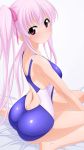  1girl absurdres ass blue_swimsuit commentary_request competition_swimsuit feet_out_of_frame highres long_hair looking_at_viewer one-piece_swimsuit original pink_hair purple_eyes sitting solo sugimura_tomokazu swimsuit twintails wariza 
