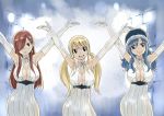  3girls bare_shoulders blonde_hair blue_hair breasts brown_eyes choker cleavage collarbone cowboy_shot dress elbow_gloves erza_scarlet eyebrows_visible_through_hair fairy_tail gloves hair_between_eyes hair_over_one_eye hat juvia_lockser large_breasts long_hair looking_at_viewer lucy_heartfilia mashima_hiro medium_hair multiple_girls official_art open_mouth red_hair sleeveless smile teeth tongue twintails wavy_hair white_dress white_gloves 