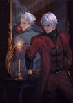  2boys apple belt black_gloves blue_coat blue_eyes candle coat collarbone curtains dante_(devil_may_cry) devil_may_cry devil_may_cry_3 different_reflection eyebrows_visible_through_hair eyes_visible_through_hair fire food frown fruit gloves hair_slicked_back hands highres holding holding_food holding_fruit holdp_a indoors leaning leaning_back male_focus mirror multiple_boys red_coat reflection silver_hair sleeves_rolled_up smile table vergil 