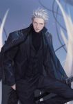  1boy belt blue_coat blurry blurry_background closed_mouth coat coat_on_shoulders devil_may_cry devil_may_cry_5 formal grey_eyes hair_slicked_back highres holding holding_sword holding_weapon holdp_a katana male_focus outdoors scabbard sheath sheathed silver_hair smile solo suit sword tail vergil weapon 