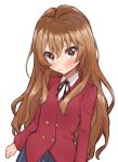  1girl aisaka_taiga bangs blue_skirt blush brown_eyes brown_hair buttons closed_mouth collared_shirt commentary_request eyebrows_visible_through_hair hair_between_eyes highres jacket long_hair mamu_t7s oohashi_high_school_uniform pleated_skirt red_jacket school_uniform shiny shiny_hair shirt simple_background skirt solo toradora! white_background white_shirt 