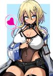  +_+ 1girl anchor_choker azur_lane bazooka_cat blonde_hair breast_tattoo breasts cleavage cleavage_cutout coat dark_skin gyaru id_card jimiko large_breasts leotard_under_clothes looking_at_viewer marblehead_(azur_lane) navel_piercing piercing short_hair_with_long_locks solo tan tattoo white_coat 