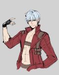  1boy absurdres black_gloves blue_eyes closed_mouth coat dante_(devil_may_cry) devil_may_cry devil_may_cry_3 fingerless_gloves fingernails gloves grey_background grey_hair highres holdp_a male_focus navel red_coat simple_background sketch smile solo torn_clothes torn_coat 