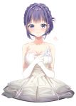  1girl arami_o_8 bangs bare_shoulders black_hair blush braid breasts cleavage closed_mouth collarbone crown_braid crying crying_with_eyes_open dress elbow_gloves eyebrows_visible_through_hair flower gloves hair_intakes hands_together hands_up highres large_breasts makinohara_shouko own_hands_together purple_eyes rose seishun_buta_yarou sidelocks signature simple_background smile solo strapless strapless_dress tears wedding_dress white_background white_flower white_gloves white_rose 
