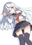  1girl :o absurdres anchor_symbol arm_up bangs black_legwear black_sailor_collar black_skirt blue_eyes blush commentary_request eyebrows_visible_through_hair feet_out_of_frame grey_hair hair_between_eyes hand_up hibiki_(kantai_collection) highres ichi jewelry kantai_collection long_hair long_sleeves midriff navel neckerchief panties parted_lips pleated_skirt red_neckwear ring sailor_collar shirt shirt_lift skirt skirt_lift solo thighhighs underwear undone_neckerchief undone_neckwear very_long_hair wedding_band white_background white_panties white_shirt 