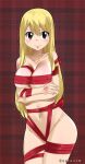  1girl blonde_hair blush breasts brown_eyes eyebrows_visible_through_hair fairy_tail full_body gaston18 gift_wrapping highres large_breasts long_hair lucy_heartfilia navel 