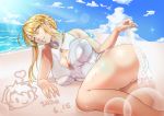  1girl 2020 absurdres artoria_pendragon_(all) artoria_pendragon_(lancer) artoria_pendragon_(swimsuit_ruler)_(fate) ass bare_shoulders beach blonde_hair blue_sky breasts cleavage commentary_request dated fate_(series) green_eyes highres huge_breasts lens_flare long_hair looking_at_viewer love-saber parted_lips sky smile solo sweat swimsuit thick_thighs thighs white_swimsuit 