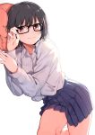  1girl absurdres amu_(258shin) black_hair brown_eyes commentary glasses highres lying on_side original pillow rectangular_eyewear school_uniform short_hair smile solo white_background 