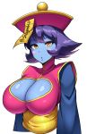 1girl blue_skin blush_stickers breasts chinese_clothes cleavage cleavage_cutout flipped_hair hat highres huge_breasts jiangshi lei_lei ofuda parted_lips short_hair simple_background solegemart solo upper_body vampire_(game) white_background yellow_eyes 