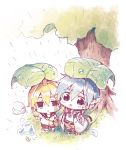  2boys bag barcode black_collar black_shorts blonde_hair blue_eyes blue_hair brown_pants chibi coat collar commentary empty_eyes facial_tattoo green_eyes holding holding_leaf holding_umbrella kagamine_len kaito leaf leaf_umbrella male_focus multiple_boys necktie pants project_diva_(series) purple_coat purple_scarf rain sailor_collar scarf school_uniform shirt short_sleeves shorts shoulder_bag sinaooo standing strange_dark_(module) symbol_commentary tattoo tree umbrella violet_(module) vocaloid water_drop white_shirt yellow_neckwear 