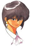  1990s_(style) 1girl all_purpose_cultural_cat_girl_nuku_nuku bob_cut brown_eyes brown_hair earrings highres jewelry lipstick makeup natsume_akiko official_art portrait scarf short_hair simple_background solo takada_yuuzou white_background 