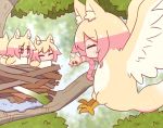  +_+ 5girls ^_^ animal_ear_fluff animal_ears animalization bangs bird bird_nest blurry blurry_background blush closed_eyes day depth_of_field earthworm eyebrows_visible_through_hair fox_ears fox_tail hair_between_eyes kemomimi-chan_(naga_u) mouth_hold multiple_girls naga_u original outdoors red_eyes sparkle spring_onion tail tree 