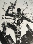  1boy agent_venom armor belt bodysuit bug building city dan_mora flash_thompson gun highres knee_pads logo looking_at_viewer male_focus marvel monochrome pauldrons rifle shoulder_armor shoulder_pads shoulder_spikes skin_tight sky solo spider spider-man_(series) spikes symbiote utility_belt venom_(marvel) weapon 