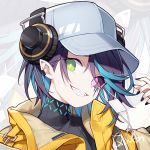  1girl arknights asbestos_(arknights) baseball_cap black_shirt blue_hair eyepatch fingernails green_eyes grin hat headphones heterochromia jacket kurisu_tina looking_at_viewer multicolored_hair pointy_ears portrait purple_eyes purple_hair sharp_fingernails sharp_teeth shirt short_hair smile solo teeth turtleneck two-tone_hair yellow_jacket zoom_layer 