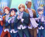  5boys adjusting_clothes adjusting_gloves arm_across_waist ashe_ubert black_hair blonde_hair blue_eyes blue_suit brown_eyes brown_suit candle candlestand cup curtains dark_skin dark_skinned_male dedue_molinaro dessert dimitri_alexandre_blaiddyd eyepatch felix_hugo_fraldarius fire_emblem fire_emblem:_three_houses food fork formal gloves green_eyes hair_over_one_eye hand_up holding holding_tray indoors knife multiple_boys one_eye_closed pocket_square red_hair red_suit silver_hair smile smk023 standing suit sylvain_jose_gautier teacup teapot towel tray vest waiter white_hair 