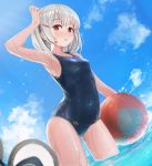  1girl animal_ears arm_up armpits ass_visible_through_thighs ball bangs beachball blue_sky blue_swimsuit blush breasts cloud collarbone covered_navel day eyebrows_visible_through_hair fake_animal_ears granblue_fantasy hair_ornament hairclip headwear_removed highres holding holding_ball looking_at_viewer mouse_ears ocean old_school_swimsuit one-piece_swimsuit outdoors parted_lips red_eyes school_swimsuit short_hair silver_hair sky small_breasts solo standing sugawara_you swimsuit vikala_(granblue_fantasy) wading water wet 